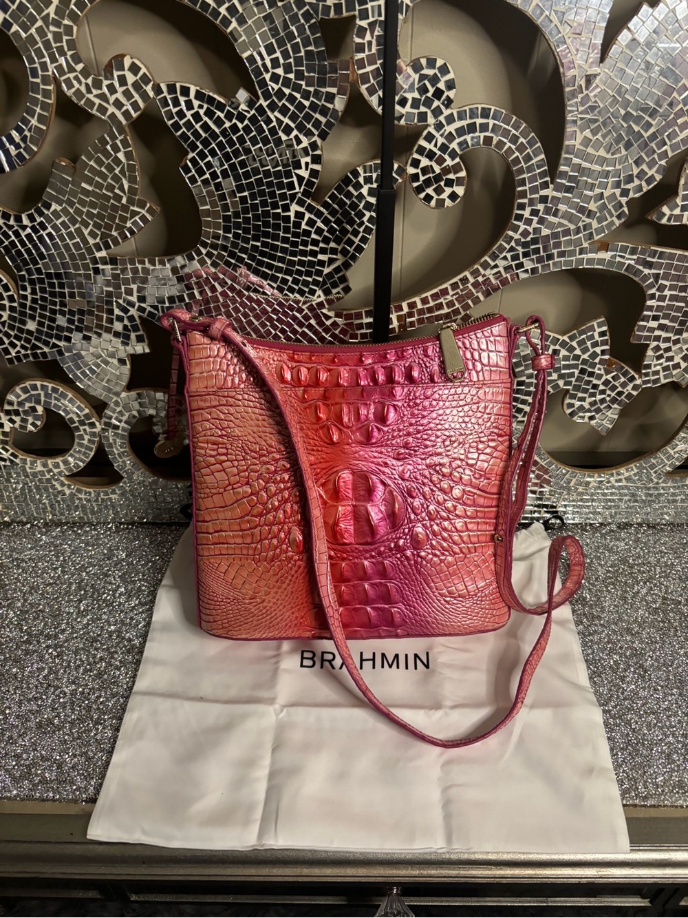 💕Brahmin Iris Pink Ombre Croc-Embossed Leather Crossbody Bag‎